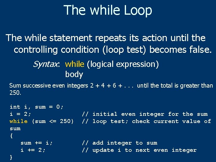 The while Loop The while statement repeats its action until the controlling condition (loop
