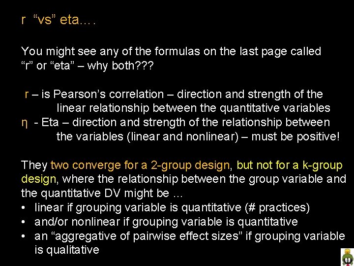 r “vs” eta…. You might see any of the formulas on the last page