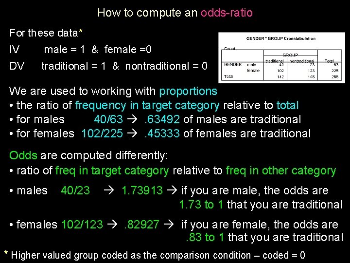 How to compute an odds-ratio For these data* IV male = 1 & female