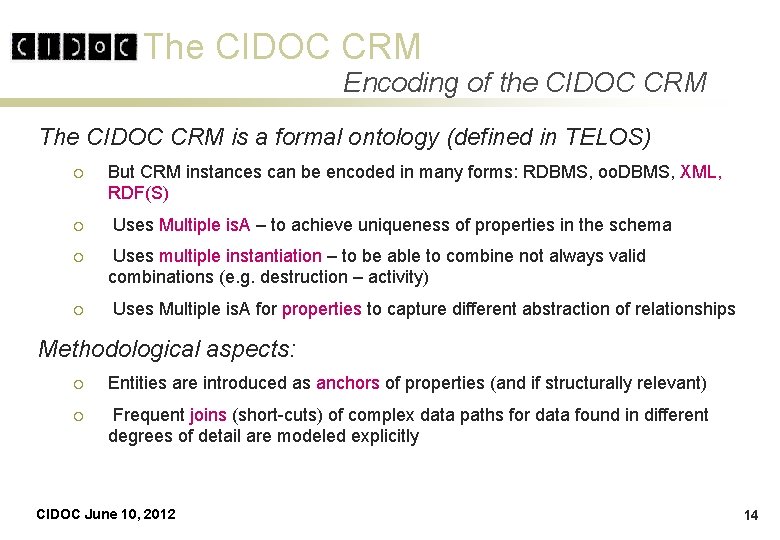 The CIDOC CRM Encoding of the CIDOC CRM The CIDOC CRM is a formal The CIDOC CRM Encoding of the CIDOC CRM The CIDOC CRM is a formal