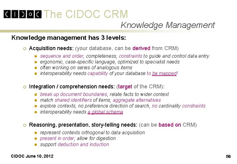 The CIDOC CRM Knowledge Management Knowledge management has 3 levels: ¡ Acquisition needs: (your The CIDOC CRM Knowledge Management Knowledge management has 3 levels: ¡ Acquisition needs: (your