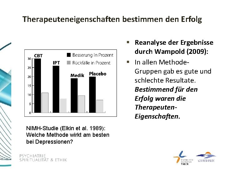 Therapeuteneigenschaften bestimmen den Erfolg § Reanalyse der Ergebnisse durch Wampold (2009): § In allen