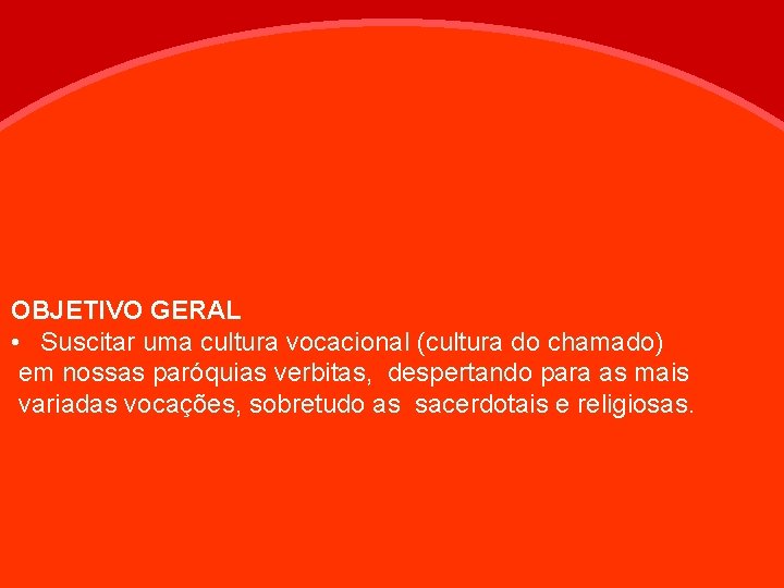 OBJETIVO GERAL • Suscitar uma cultura vocacional (cultura do chamado) em nossas paróquias verbitas,