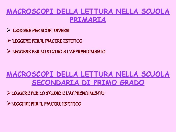 MACROSCOPI DELLA LETTURA NELLA SCUOLA PRIMARIA Ø LEGGERE PER SCOPI DIVERSI Ø LEGGERE PER