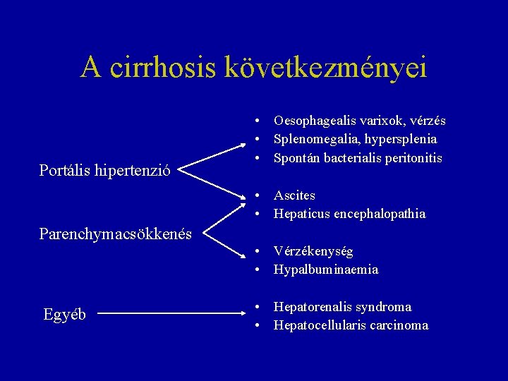 A cirrhosis következményei Portális hipertenzió • Oesophagealis varixok, vérzés • Splenomegalia, hypersplenia • Spontán