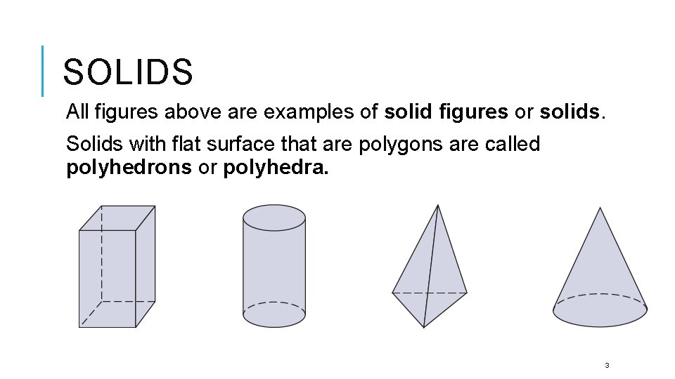 SOLIDS All figures above are examples of solid figures or solids. Solids with flat