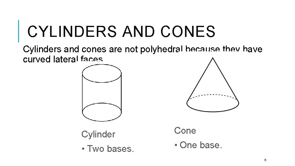 CYLINDERS AND CONES Cylinders and cones are not polyhedral because they have curved lateral