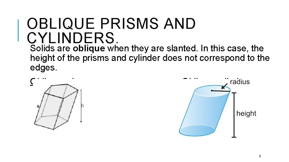 OBLIQUE PRISMS AND CYLINDERS. Solids are oblique when they are slanted. In this case,