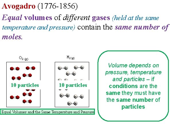 Avogadro (1776 -1856) Equal volumes of different gases (held at the same temperature and