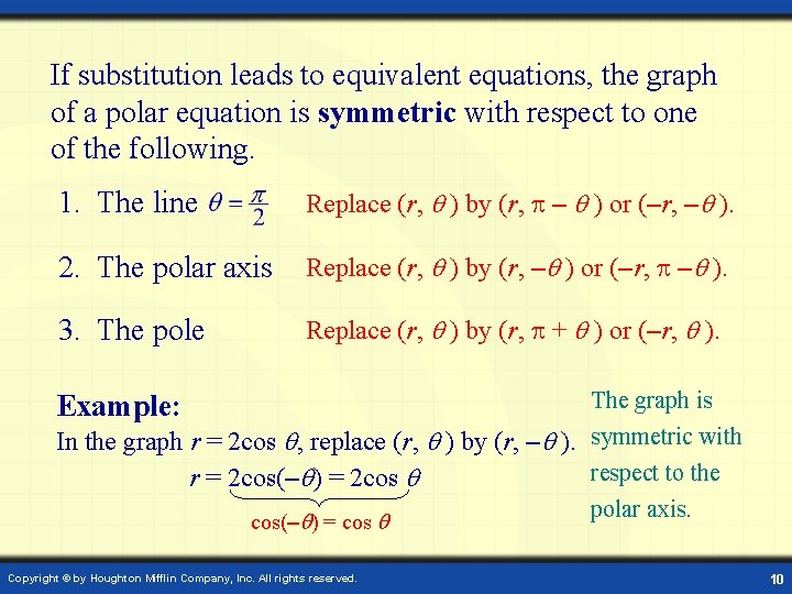 If substitution leads to equivalent equations, the graph of a polar equation is symmetric If substitution leads to equivalent equations, the graph of a polar equation is symmetric