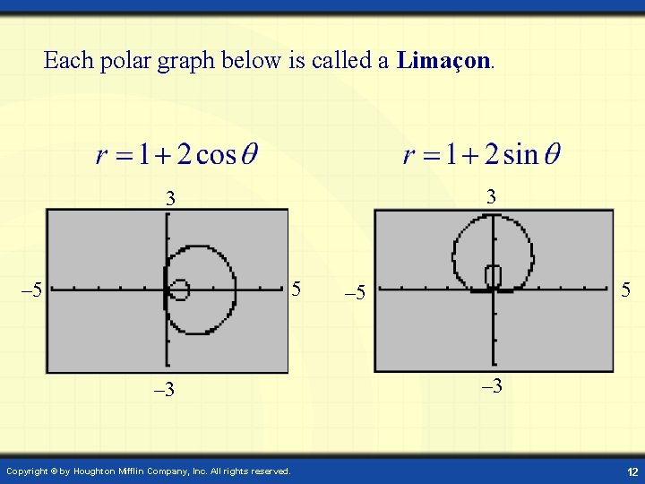 Each polar graph below is called a Limaçon. 3 3 5 – 3 Copyright Each polar graph below is called a Limaçon. 3 3 5 – 3 Copyright