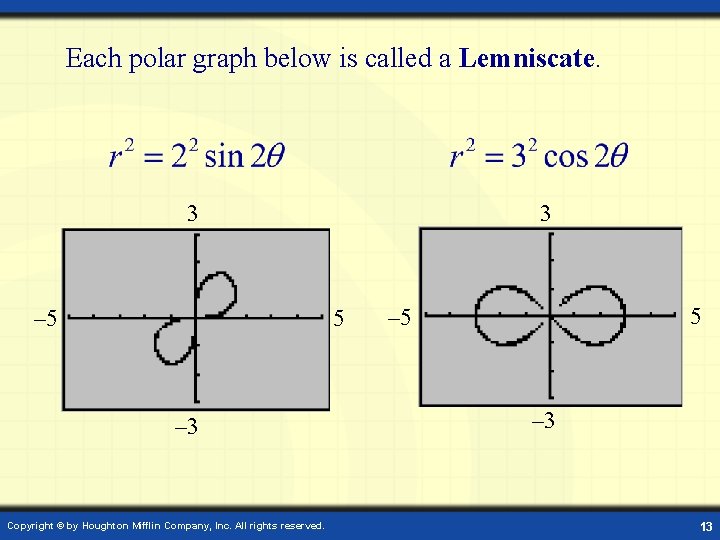 Each polar graph below is called a Lemniscate. 3 3 – 5 5 – Each polar graph below is called a Lemniscate. 3 3 – 5 5 –