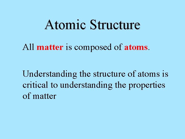 Atomic Structure All matter is composed of atoms. Understanding the structure of atoms is