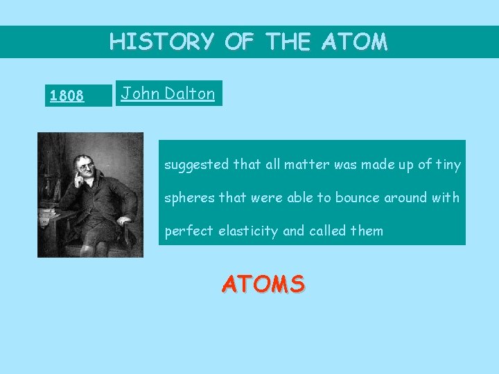 HISTORY OF THE ATOM 1808 John Dalton suggested that all matter was made up