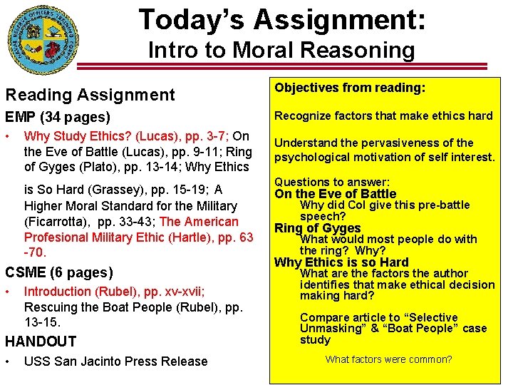 Today’s Assignment: Intro to Moral Reasoning Reading Assignment Objectives from reading: EMP (34 pages)