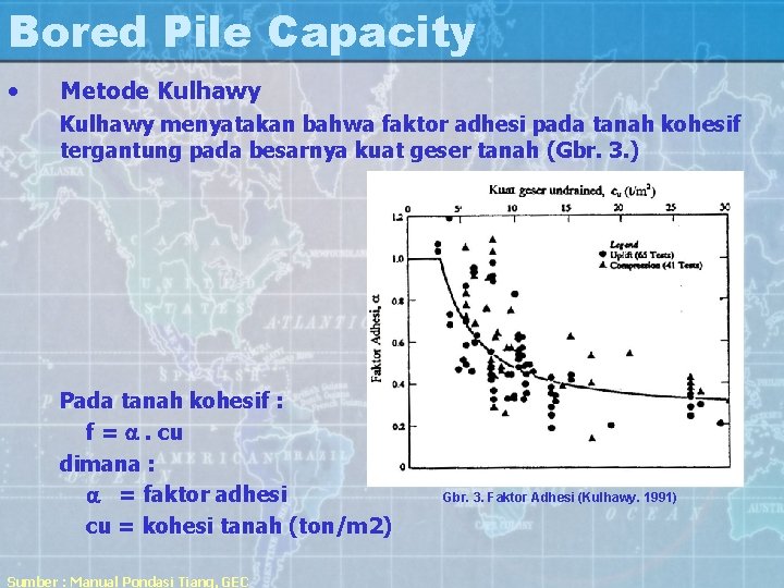 Bored Pile Capacity • Metode Kulhawy menyatakan bahwa faktor adhesi pada tanah kohesif tergantung