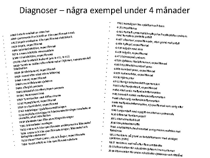 Diagnoser – några exempel under 4 månader s d av rotaviru d orsak Enterit