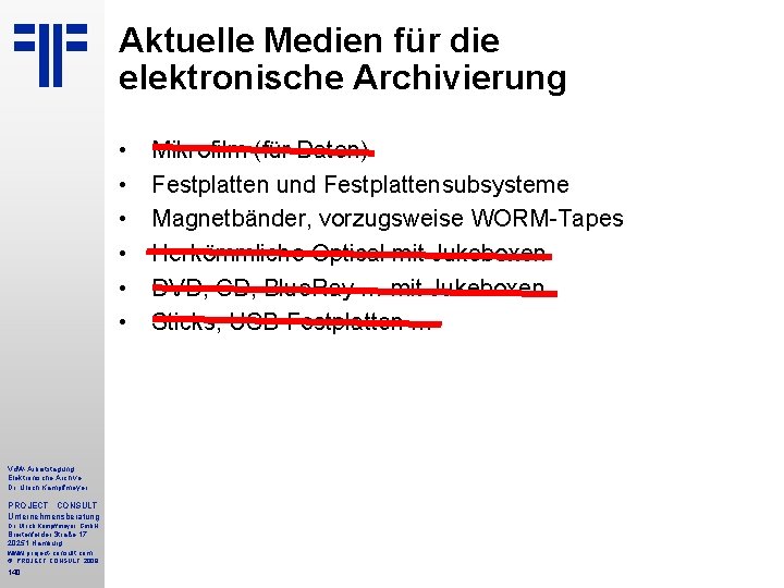 Aktuelle Medien für die elektronische Archivierung • • • Vd. W-Arbeitstagung Elektronische Archive Dr.