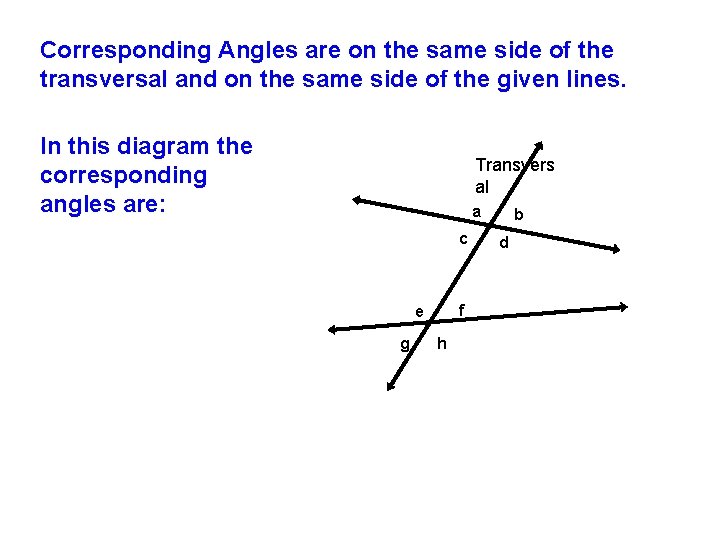 Corresponding Angles are on the same side of the transversal and on the same