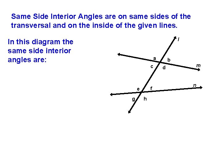 Same Side Interior Angles are on same sides of the transversal and on the