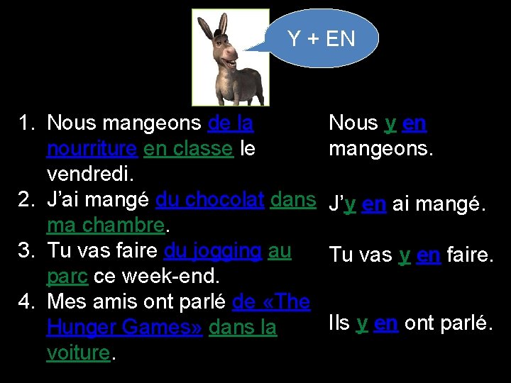 Y + EN 1. Nous mangeons de la nourriture en classe le vendredi. 2.