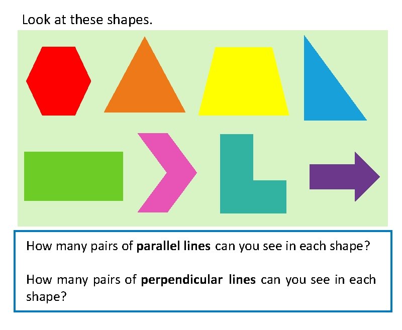 Look at these shapes. How many pairs of parallel lines can you see in