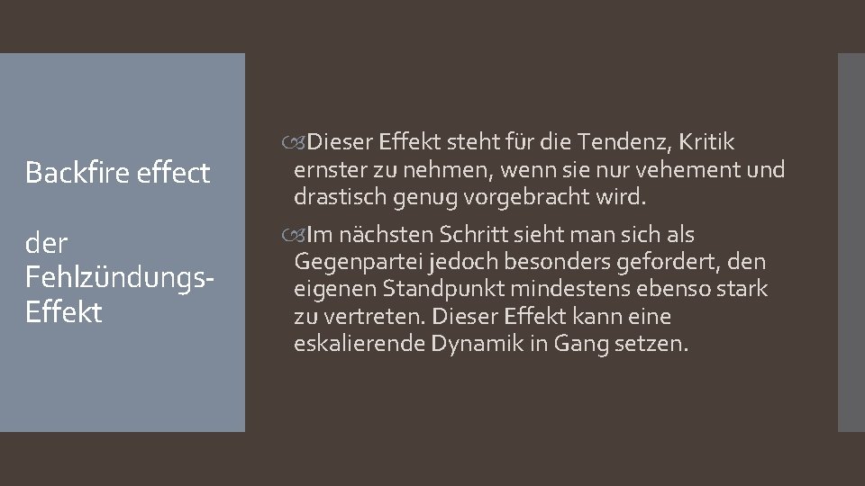 Backfire effect der Fehlzündungs. Effekt Dieser Effekt steht für die Tendenz, Kritik ernster zu