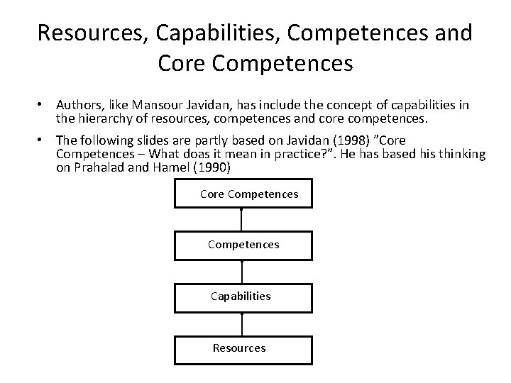 Resources, Capabilities, Competences and Core Competences • Authors, like Mansour Javidan, has include the