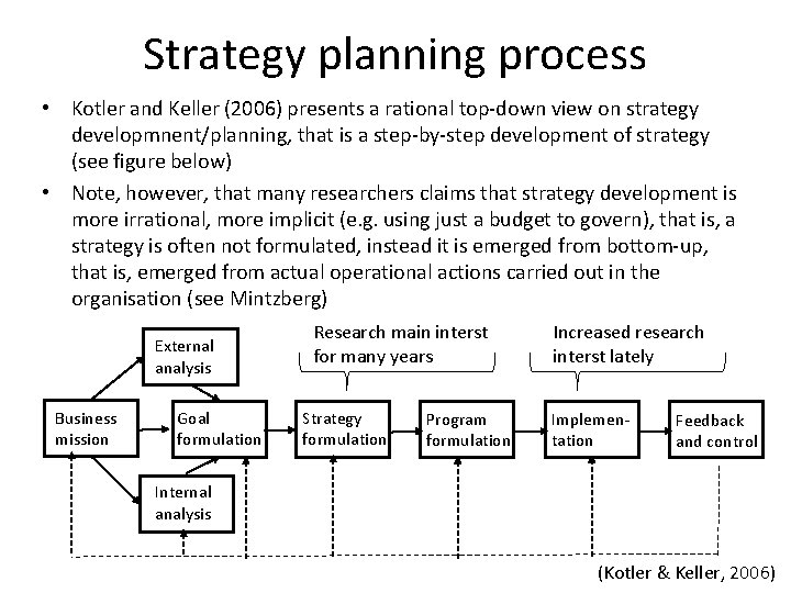 Strategy planning process • Kotler and Keller (2006) presents a rational top-down view on