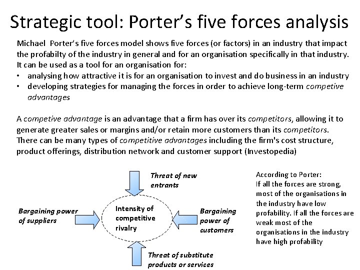 Strategic tool: Porter’s five forces analysis Michael Porter’s five forces model shows five forces