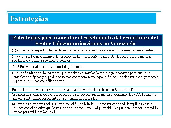 Estrategias para fomentar el crecimiento del económico del Sector Telecomunicaciones en Venezuela (*)Aumentar el