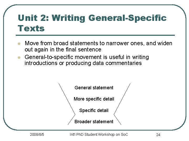 Unit 2: Writing General-Specific Texts l l Move from broad statements to narrower ones,