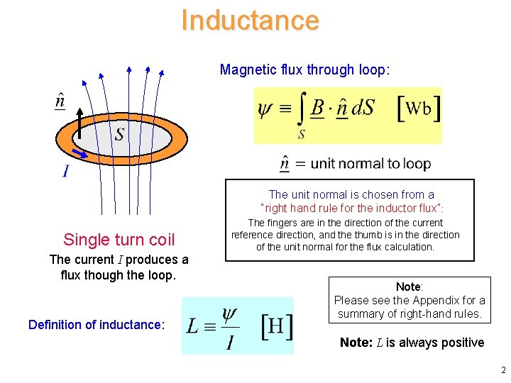Inductance Magnetic flux through loop: The unit normal is chosen from a “right hand