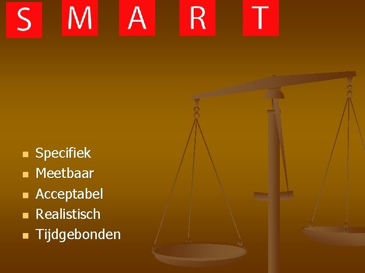 n n n Specifiek Meetbaar Acceptabel Realistisch Tijdgebonden 