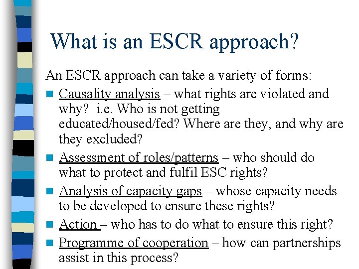 What is an ESCR approach? An ESCR approach can take a variety of forms: