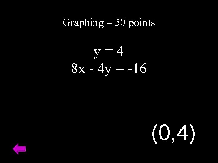 Graphing – 50 points y=4 8 x - 4 y = -16 (0, 4)