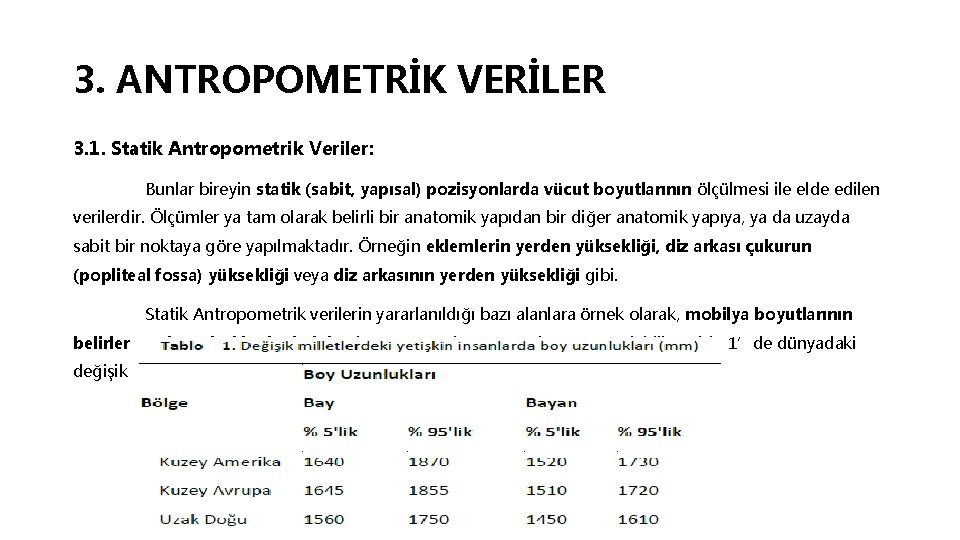 3. ANTROPOMETRİK VERİLER 3. 1. Statik Antropometrik Veriler: Bunlar bireyin statik (sabit, yapısal) pozisyonlarda