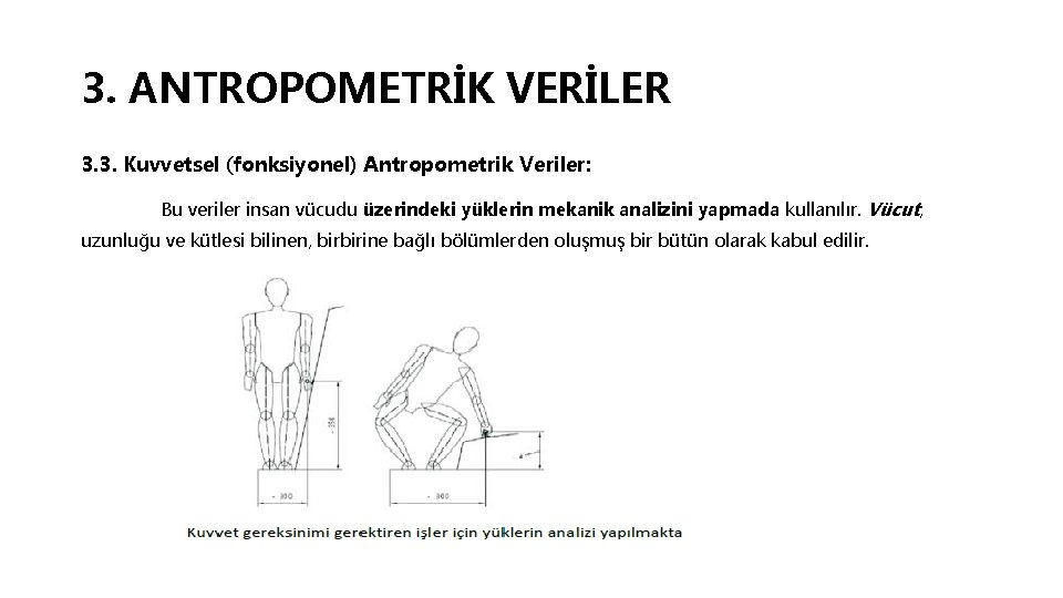 3. ANTROPOMETRİK VERİLER 3. 3. Kuvvetsel (fonksiyonel) Antropometrik Veriler: Bu veriler insan vücudu üzerindeki