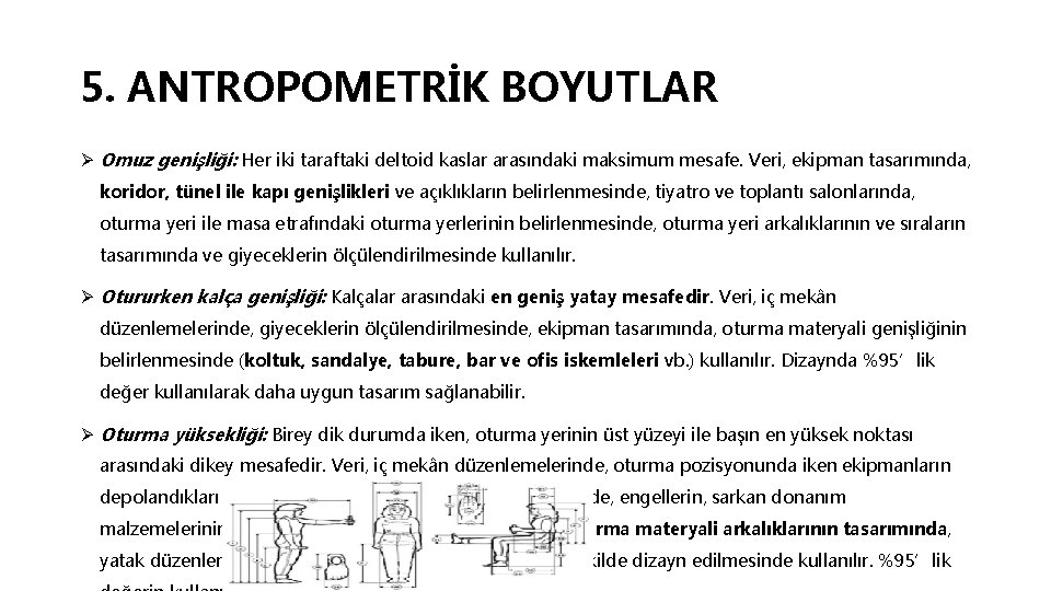 5. ANTROPOMETRİK BOYUTLAR Ø Omuz genişliği: Her iki taraftaki deltoid kaslar arasındaki maksimum mesafe.