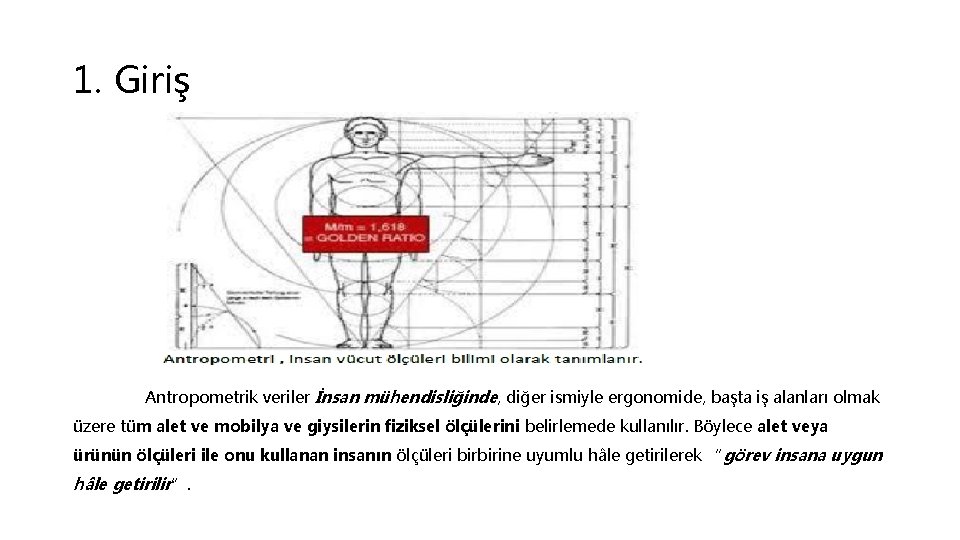 1. Giriş Antropometrik veriler İnsan mühendisliğinde, diğer ismiyle ergonomide, başta iş alanları olmak üzere