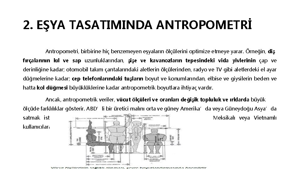 2. EŞYA TASATIMINDA ANTROPOMETRİ Antropometri, birbirine hiç benzemeyen eşyaların ölçülerini optimize etmeye yarar. Örneğin,