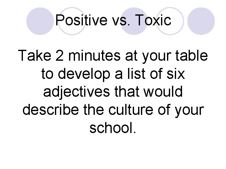 Positive vs. Toxic Take 2 minutes at your table to develop a list of