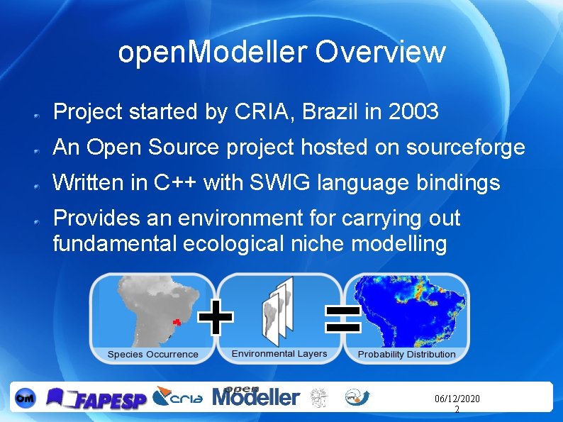 open. Modeller Overview Project started by CRIA, Brazil in 2003 An Open Source project