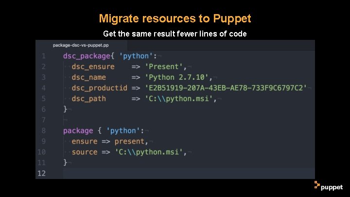 Migrate resources to Puppet Get the same result fewer lines of code Migrate resources to Puppet Get the same result fewer lines of code