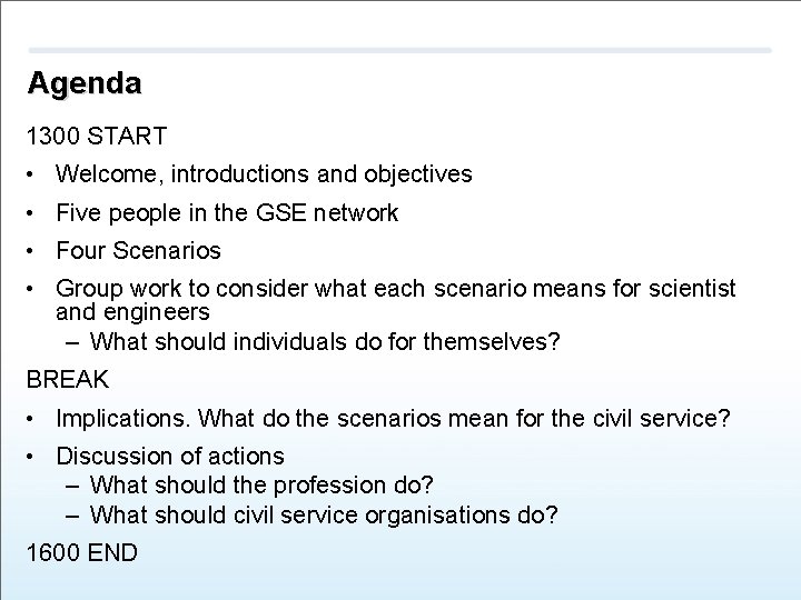 Agenda 1300 START • Welcome, introductions and objectives • Five people in the GSE