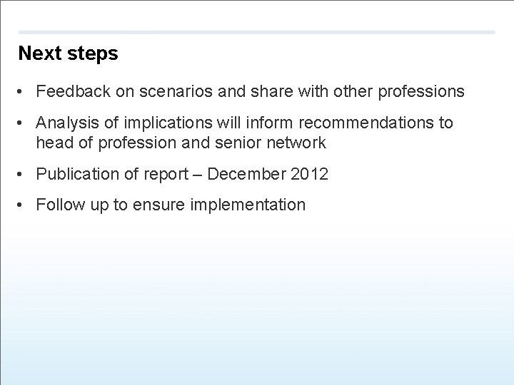Next steps • Feedback on scenarios and share with other professions • Analysis of