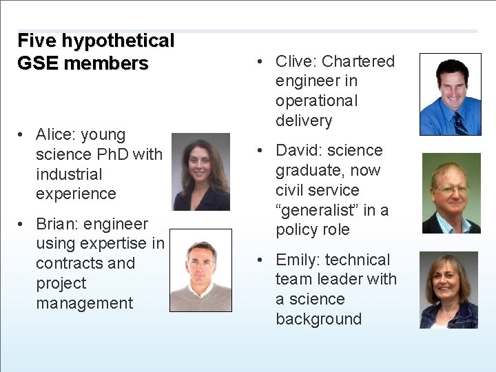 Five hypothetical GSE members • Alice: young science Ph. D with industrial experience •