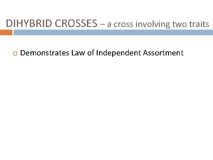 DIHYBRID CROSSES – a cross involving two traits Demonstrates Law of Independent Assortment 