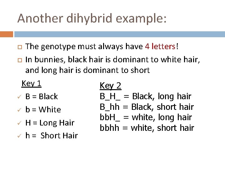Another dihybrid example: The genotype must always have 4 letters! In bunnies, black hair
