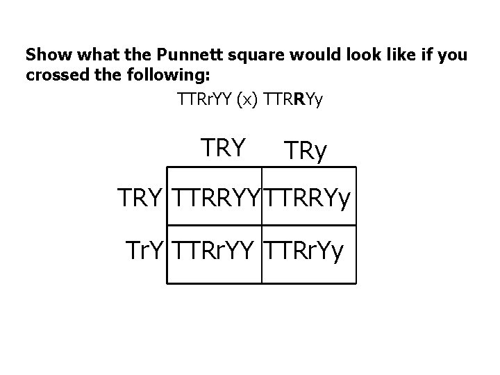 Show what the Punnett square would look like if you crossed the following: TTRr.